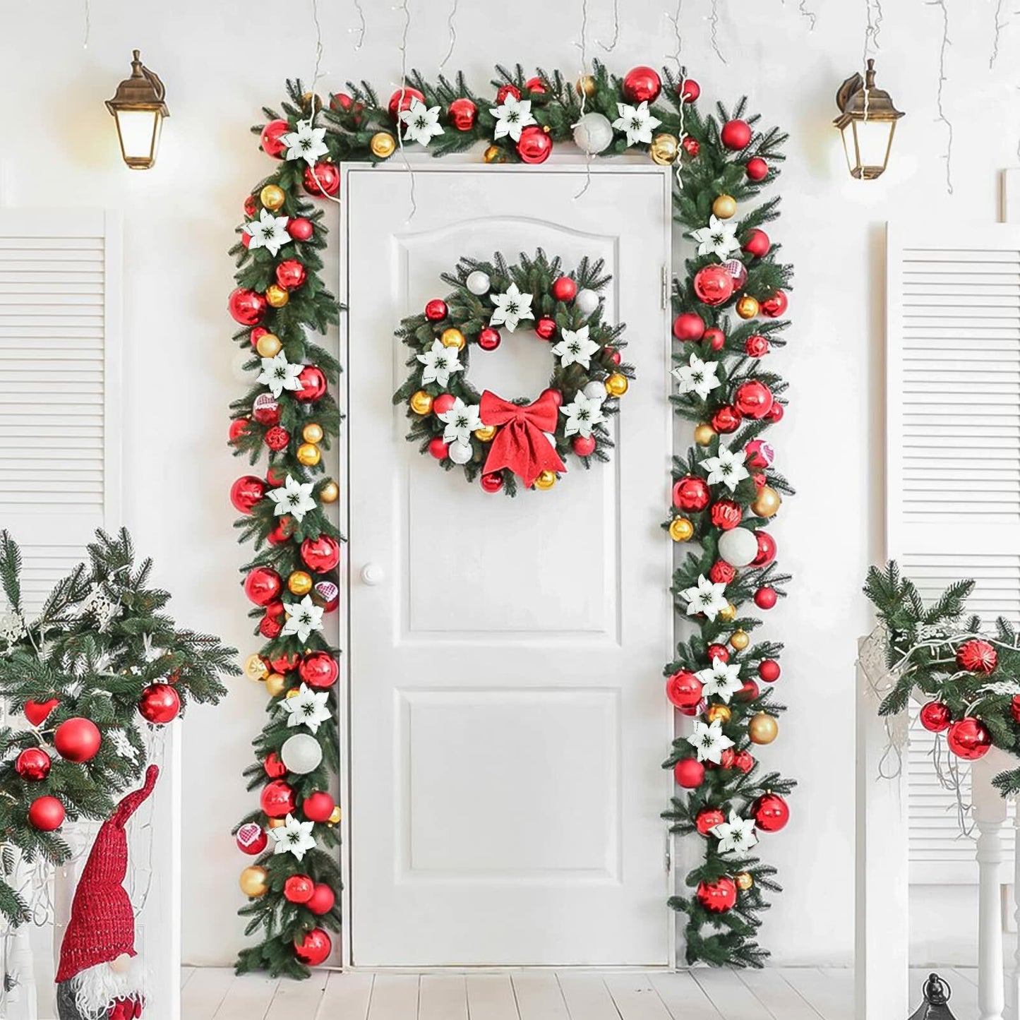 KEPATO Christmas Glitter Poinsettia Christmas Tree Ornaments Pack of 12 (White)