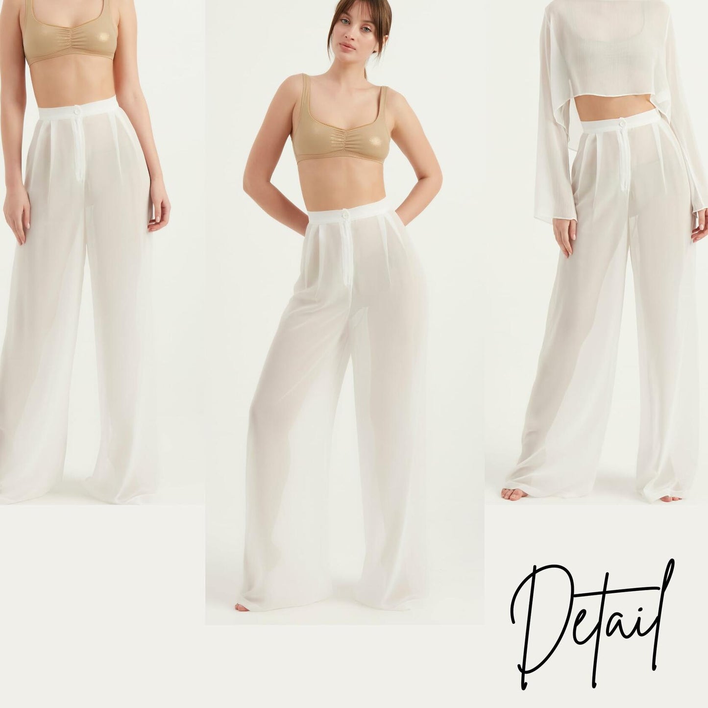 TUBANUR Women’s Chiffon Wide Leg Pants High Waist Palazzo Summer White XS