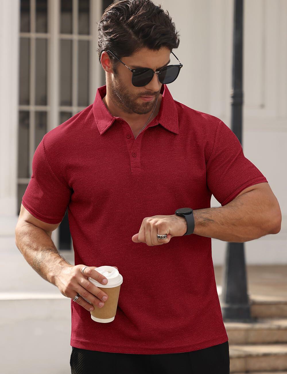 QOSOQ Men’s Polo Shirt Short Sleeve Golf Casual Quick Dry Breathable Red