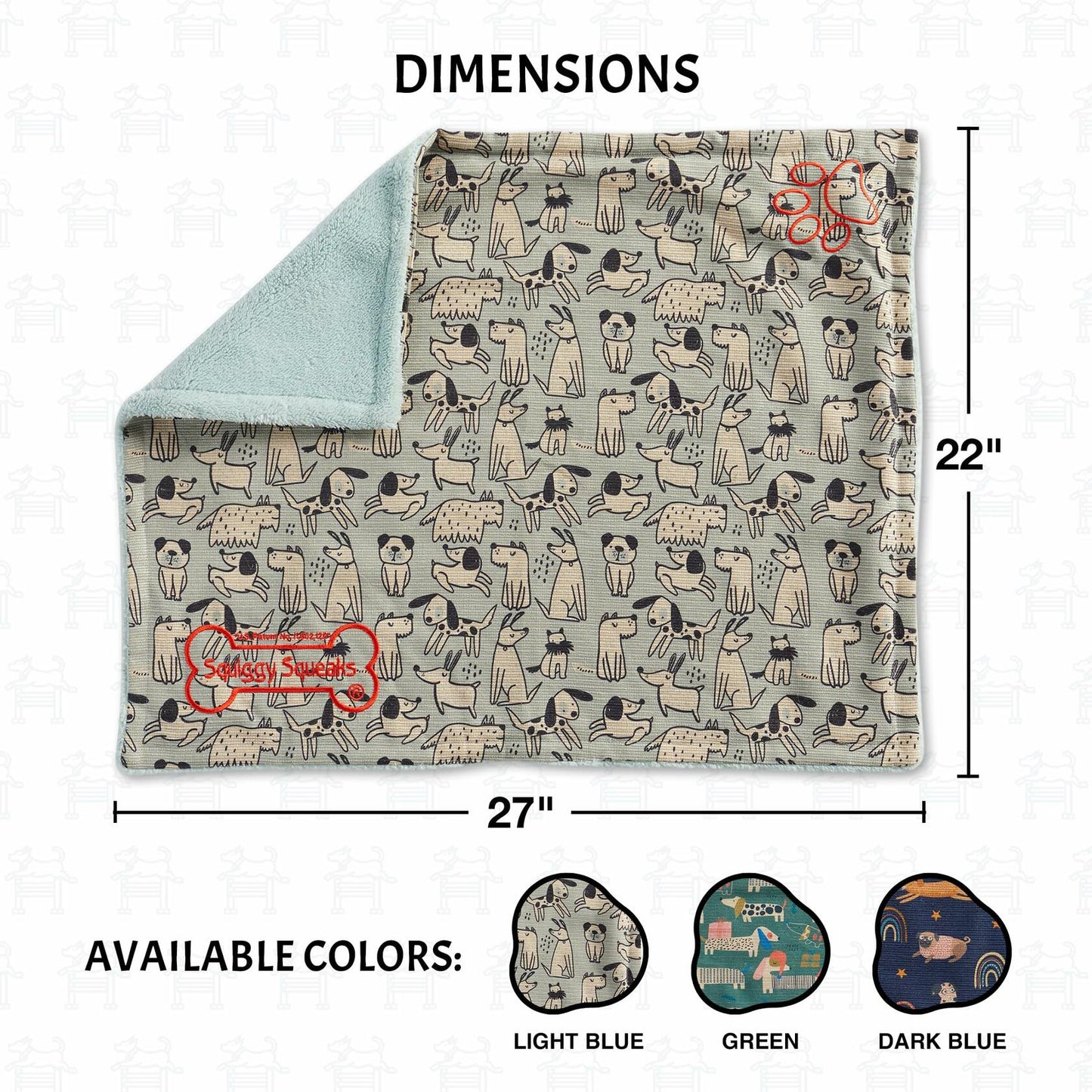 Squiggy Squeaks Dog & Cat Sleep Play Blanket Squeaky Toy 22x27in Blue/Green