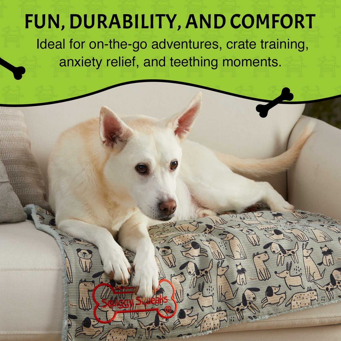 Squiggy Squeaks Dog & Cat Sleep Play Blanket Squeaky Toy 22x27in Blue/Green