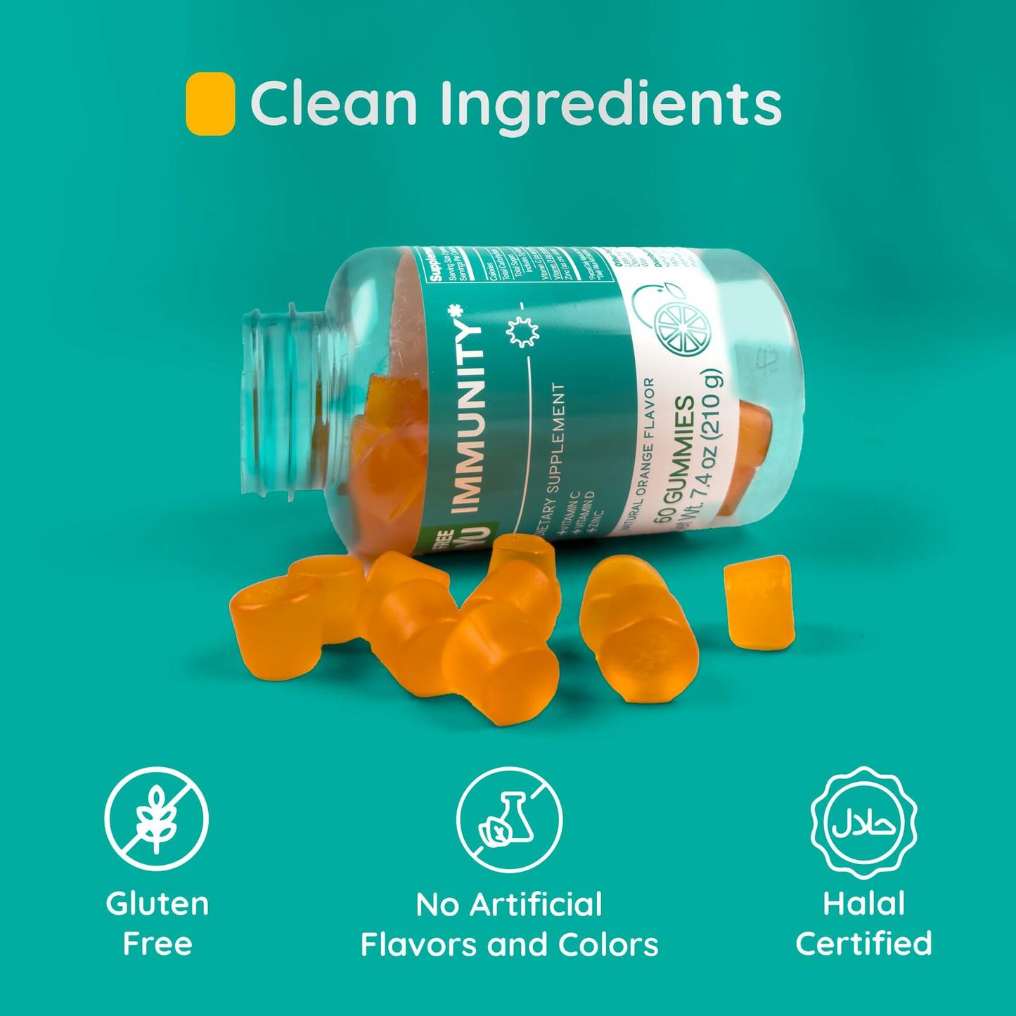 FREEYU Halal Gluten-Free Immunity Gummies Multivitamin with Zinc C D 60pcs