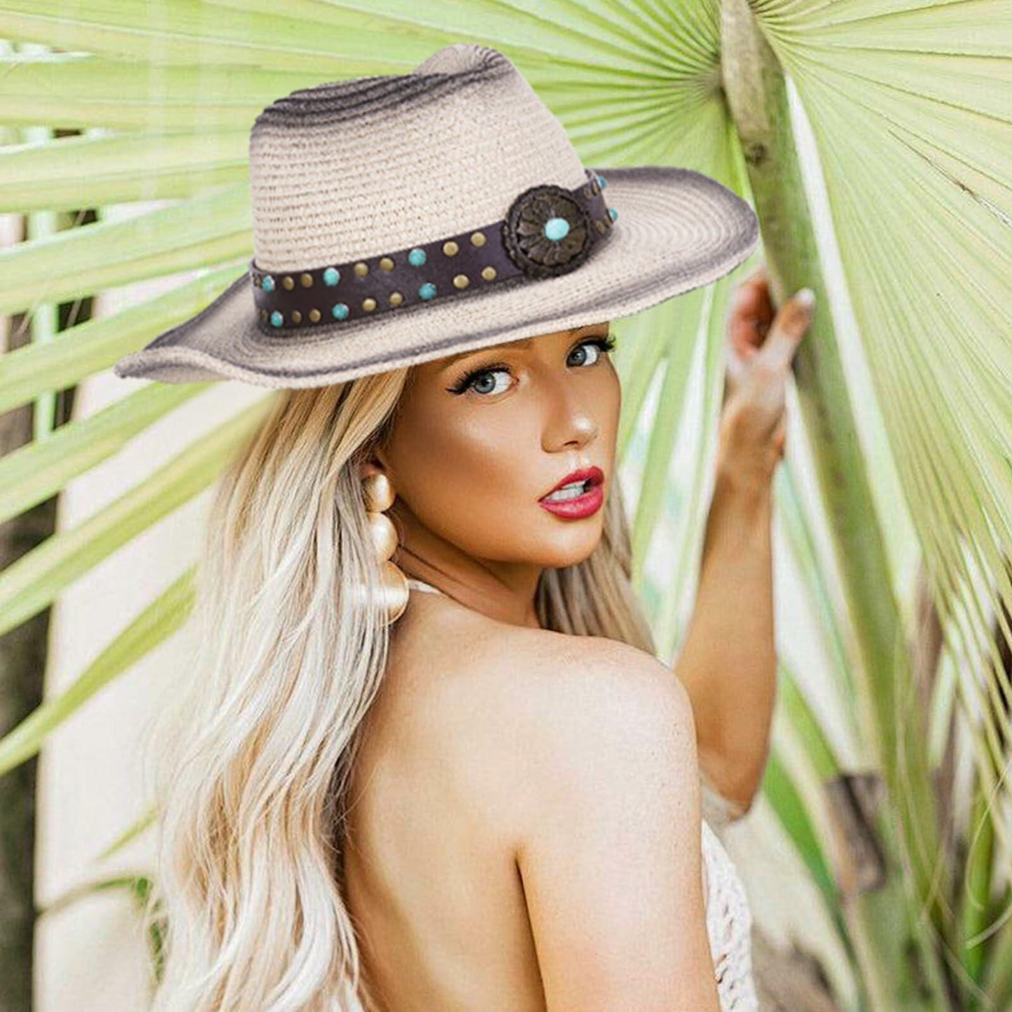 Whistlone Handmade Embroidery Hat Band Studded Sapphire Rivets Cowboy Fedora