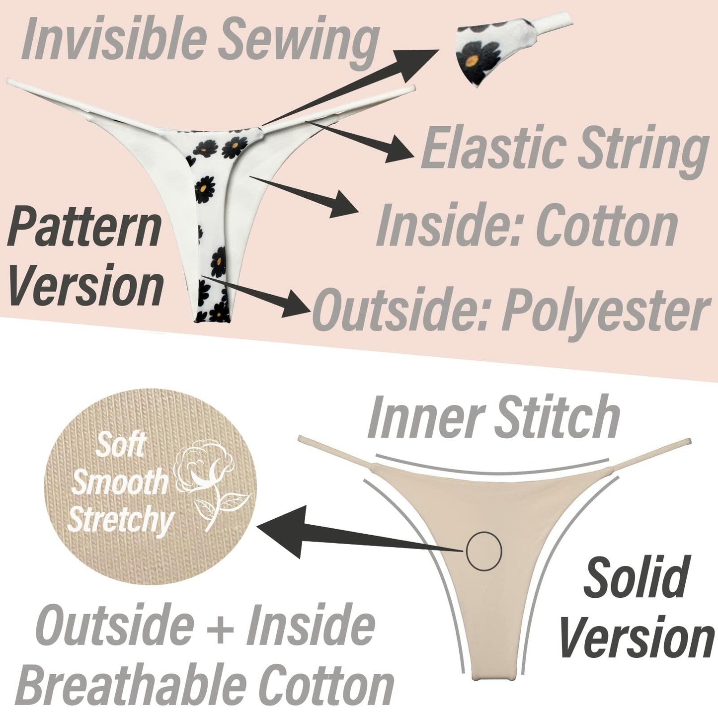 Topvee Women’s Cotton Thongs Panties Soft Stretchy Seamless G-String White S