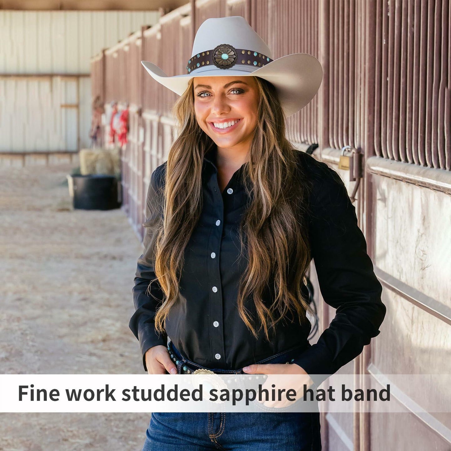 Whistlone Handmade Embroidery Hat Band Studded Sapphire Rivets Cowboy Fedora