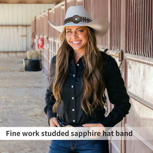Whistlone Handmade Embroidery Hat Band Studded Sapphire Rivets Cowboy Fedora