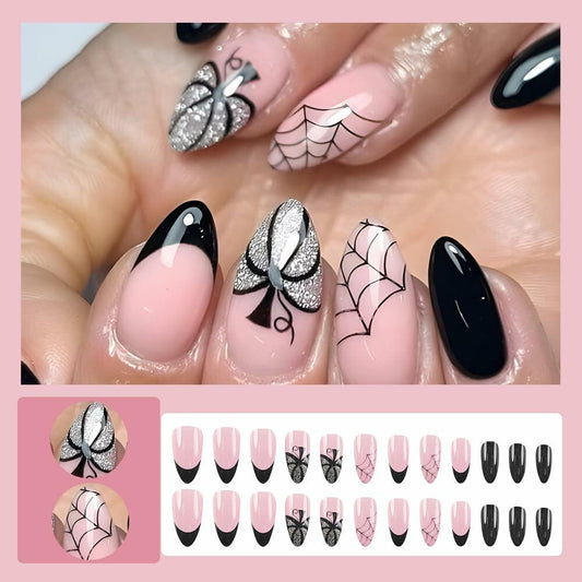 24PCS Halloween Short Almond Press-On Nails Pink & Black Pumpkin Spider Web