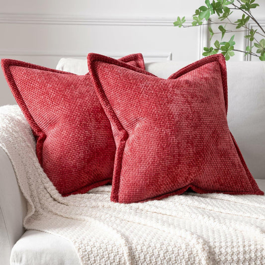 Woaboy 2-Pack Red Decorative Pillow Covers 18x18in Chenille Throw Pillows