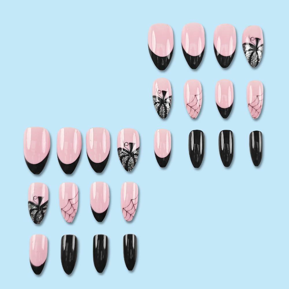 24PCS Halloween Short Almond Press-On Nails Pink & Black Pumpkin Spider Web
