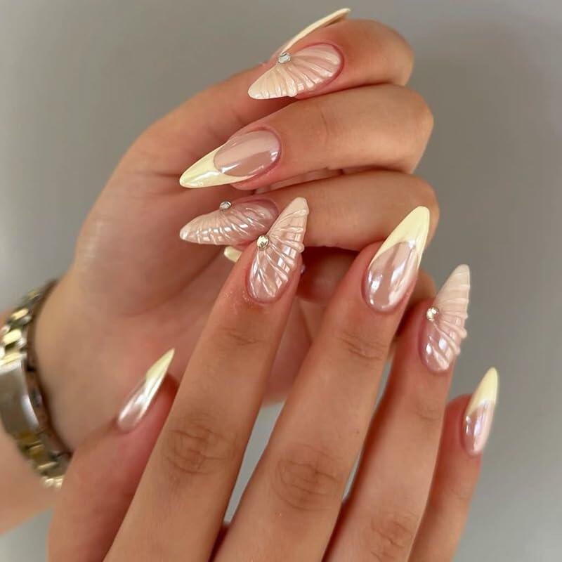 Butterfly Nail Art Clear Acrylic Almond Nails Gold Tips 3D Rhinestone
