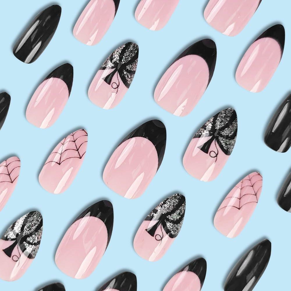 24PCS Halloween Short Almond Press-On Nails Pink & Black Pumpkin Spider Web