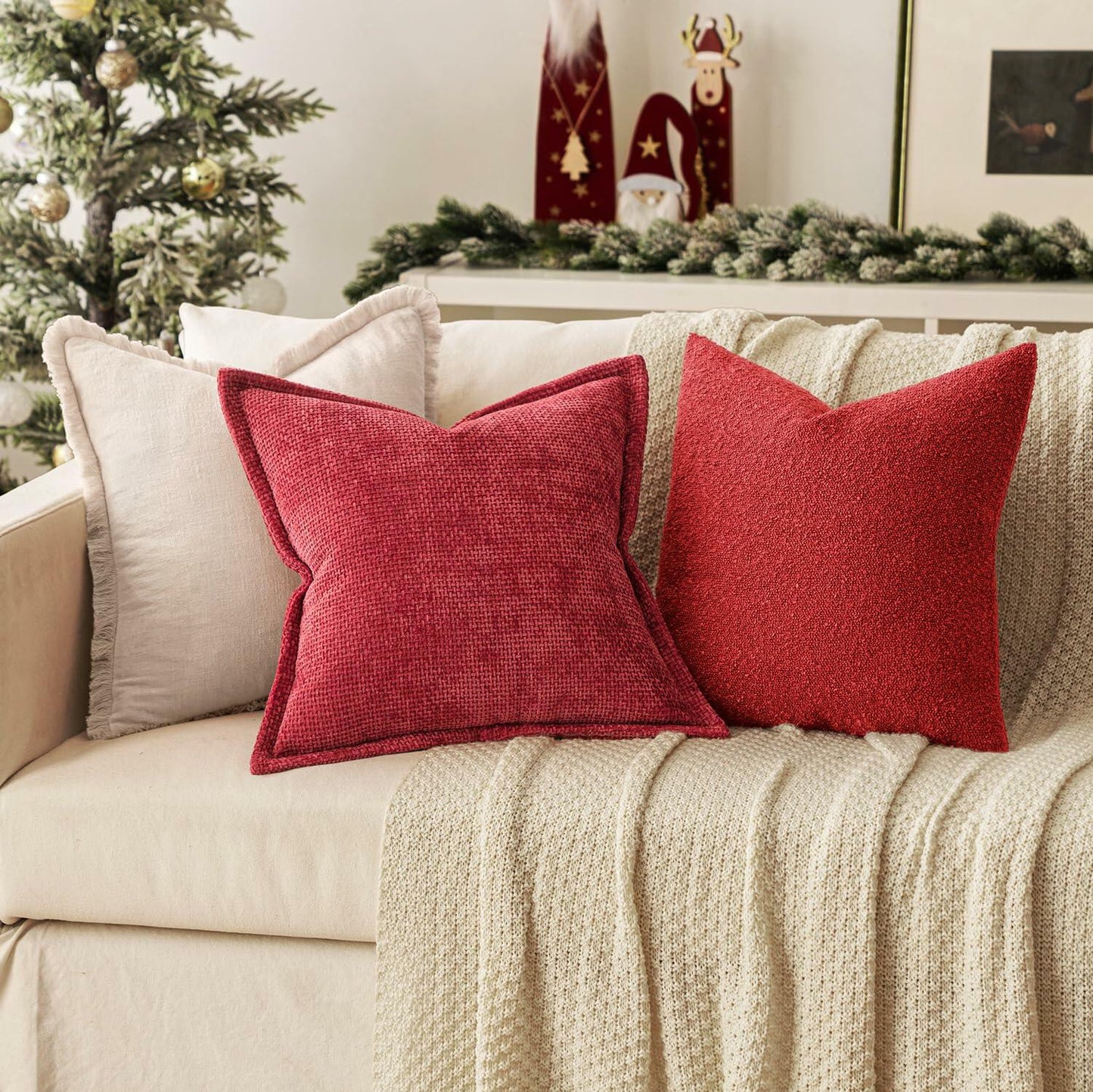 Woaboy 2-Pack Red Decorative Pillow Covers 18x18in Chenille Throw Pillows