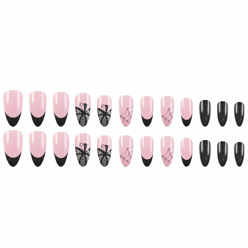 24PCS Halloween Short Almond Press-On Nails Pink & Black Pumpkin Spider Web