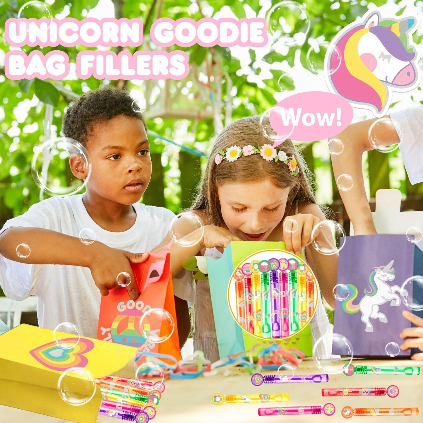 60PCS Cute Unicorn Party Favors 12 DIY Bubble Wands Birthday Goodie Bags