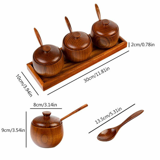 YMYL Natural Wood Spice Jar Set with Base Salt Pepper Sugar Container Spoon
