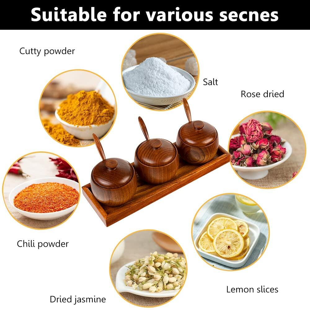 YMYL Natural Wood Spice Jar Set with Base Salt Pepper Sugar Container Spoon