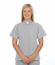 FOR HIS SERVICE Women’s Clergy Shirt Gray Short Sleeve Tab Collar Size 22