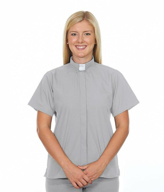 FOR HIS SERVICE Women’s Clergy Shirt Gray Short Sleeve Tab Collar Size 22