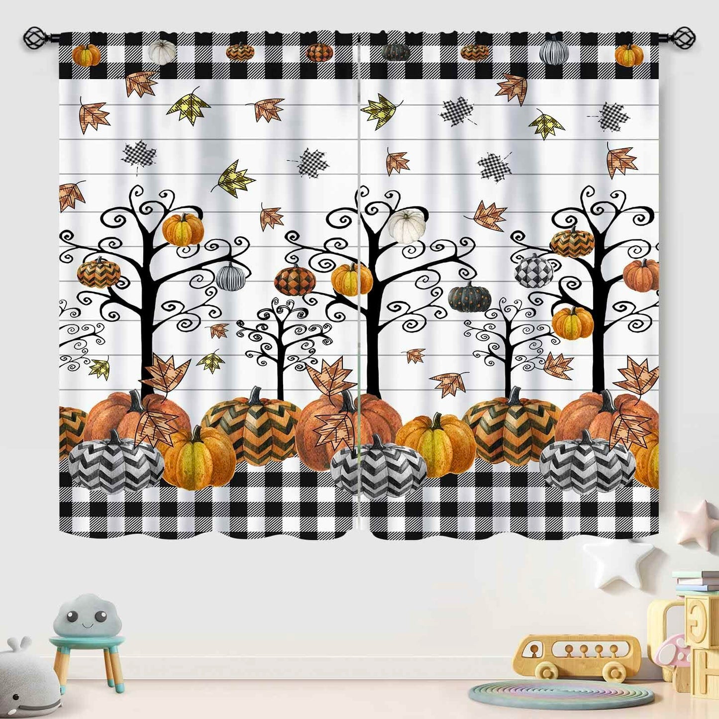 Fall Themed Curtains Autumn Leaves Halloween Pumpkin Drapes 42x45 Inch