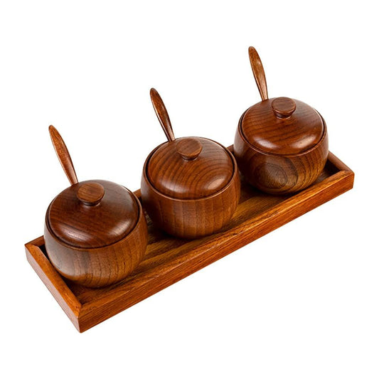 YMYL Natural Wood Spice Jar Set with Base Salt Pepper Sugar Container Spoon