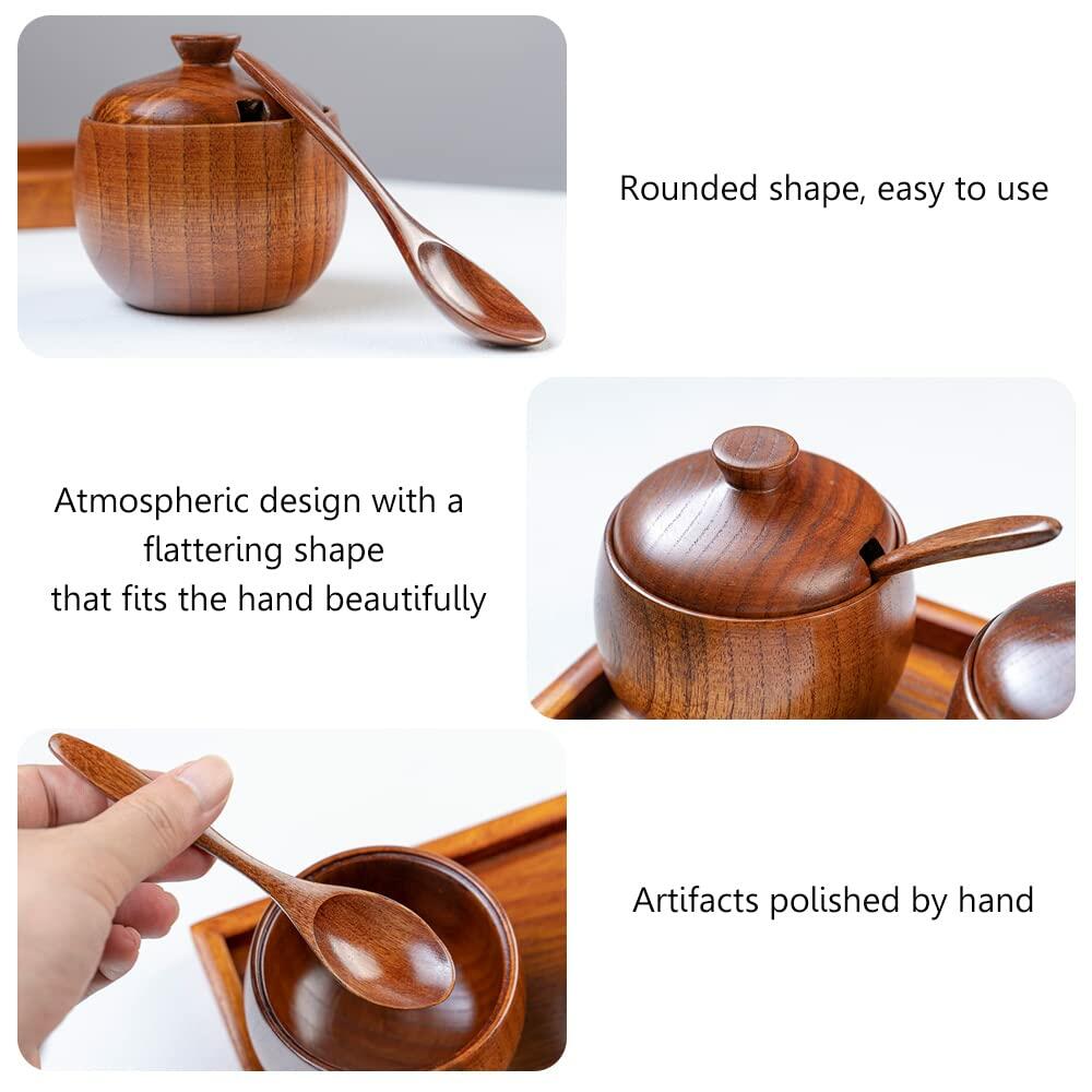 YMYL Natural Wood Spice Jar Set with Base Salt Pepper Sugar Container Spoon