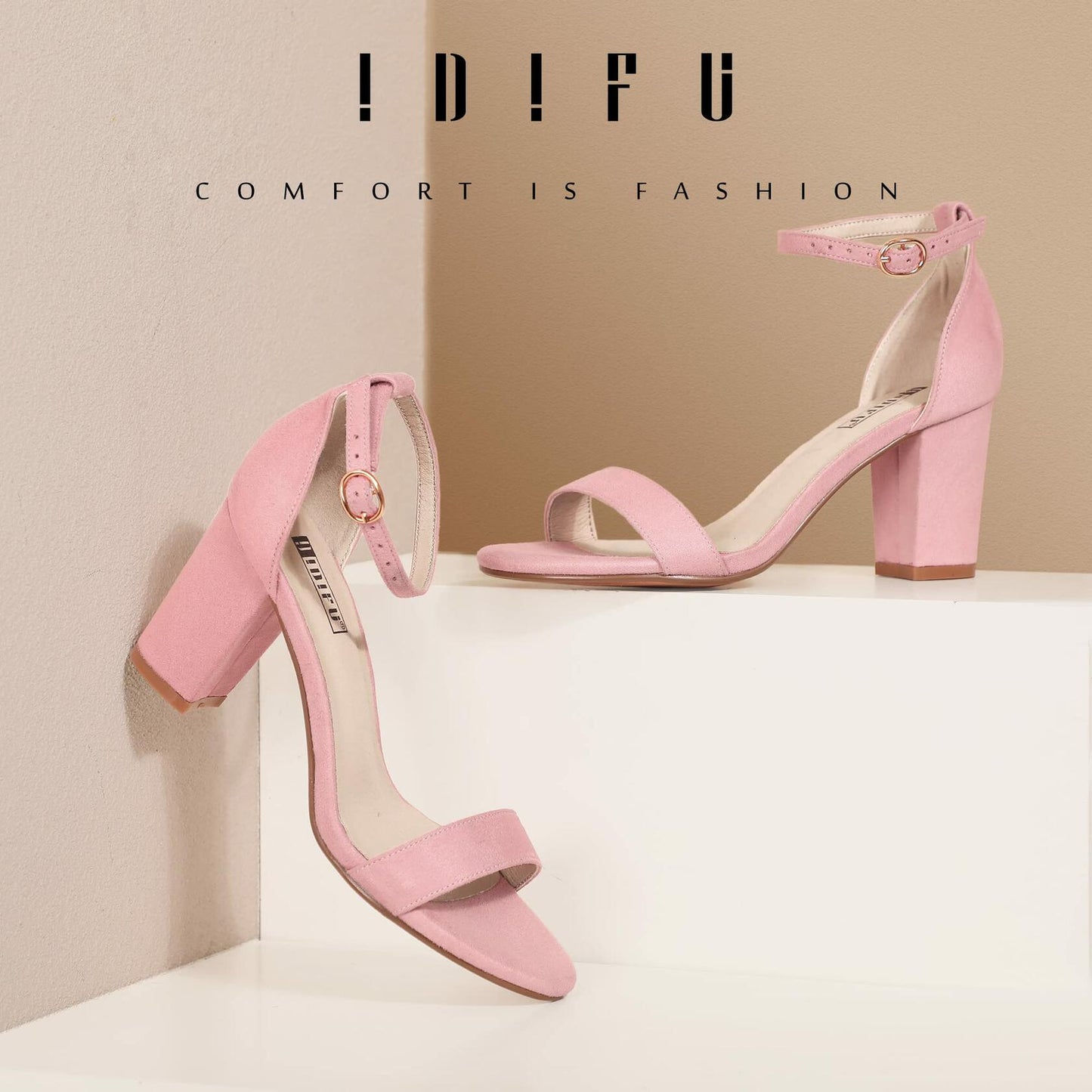 IDIFU Cookie-MI 3" Block Heel Sandals Pink Suede Open Toe Women US 8 B(M)
