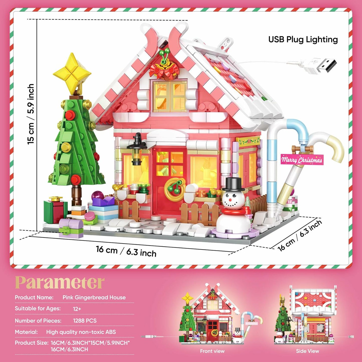 GIVFOZAY 1288PCS Christmas Gingerbread House Building Block Set Pink OPEN BOX