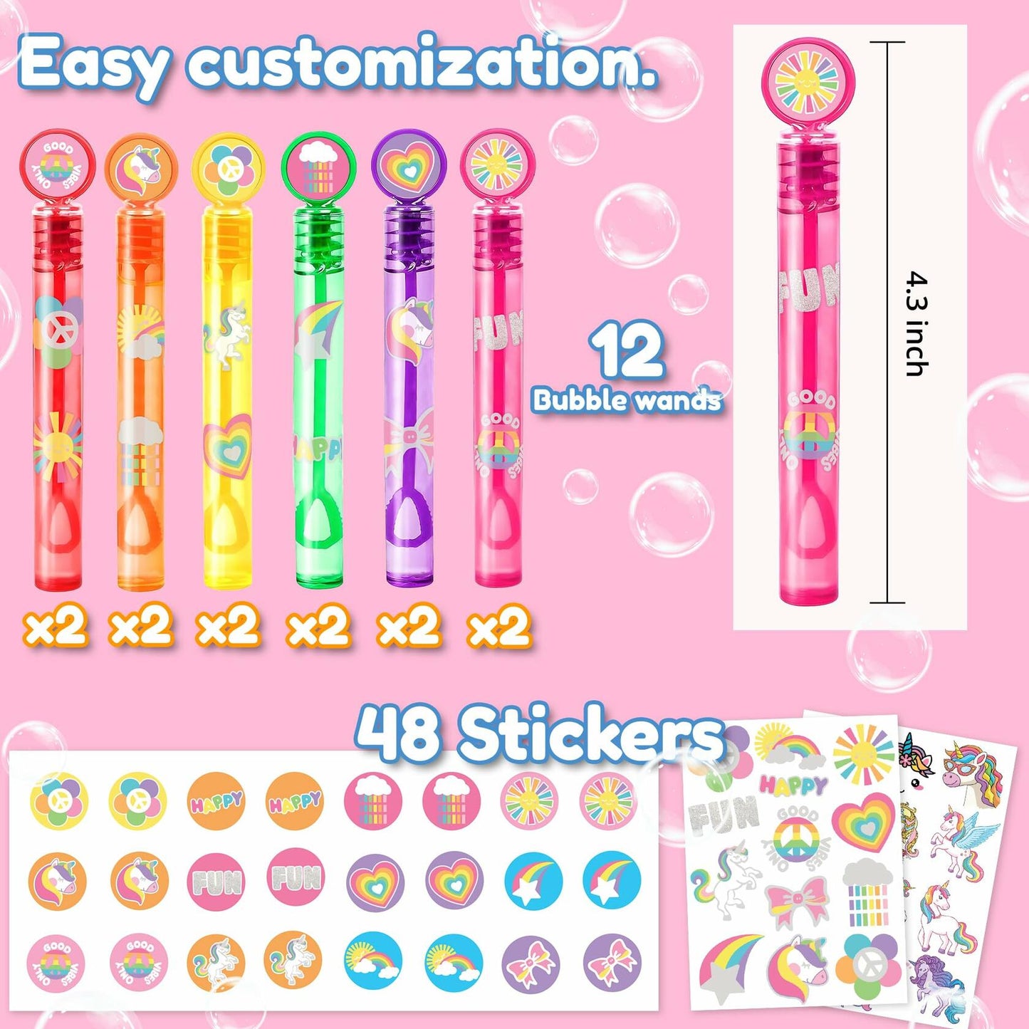 60PCS Cute Unicorn Party Favors 12 DIY Bubble Wands Birthday Goodie Bags