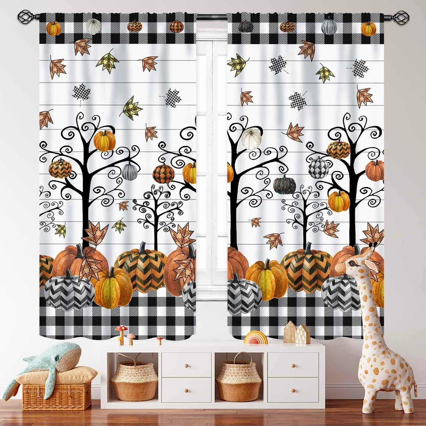 Fall Themed Curtains Autumn Leaves Halloween Pumpkin Drapes 42x45 Inch