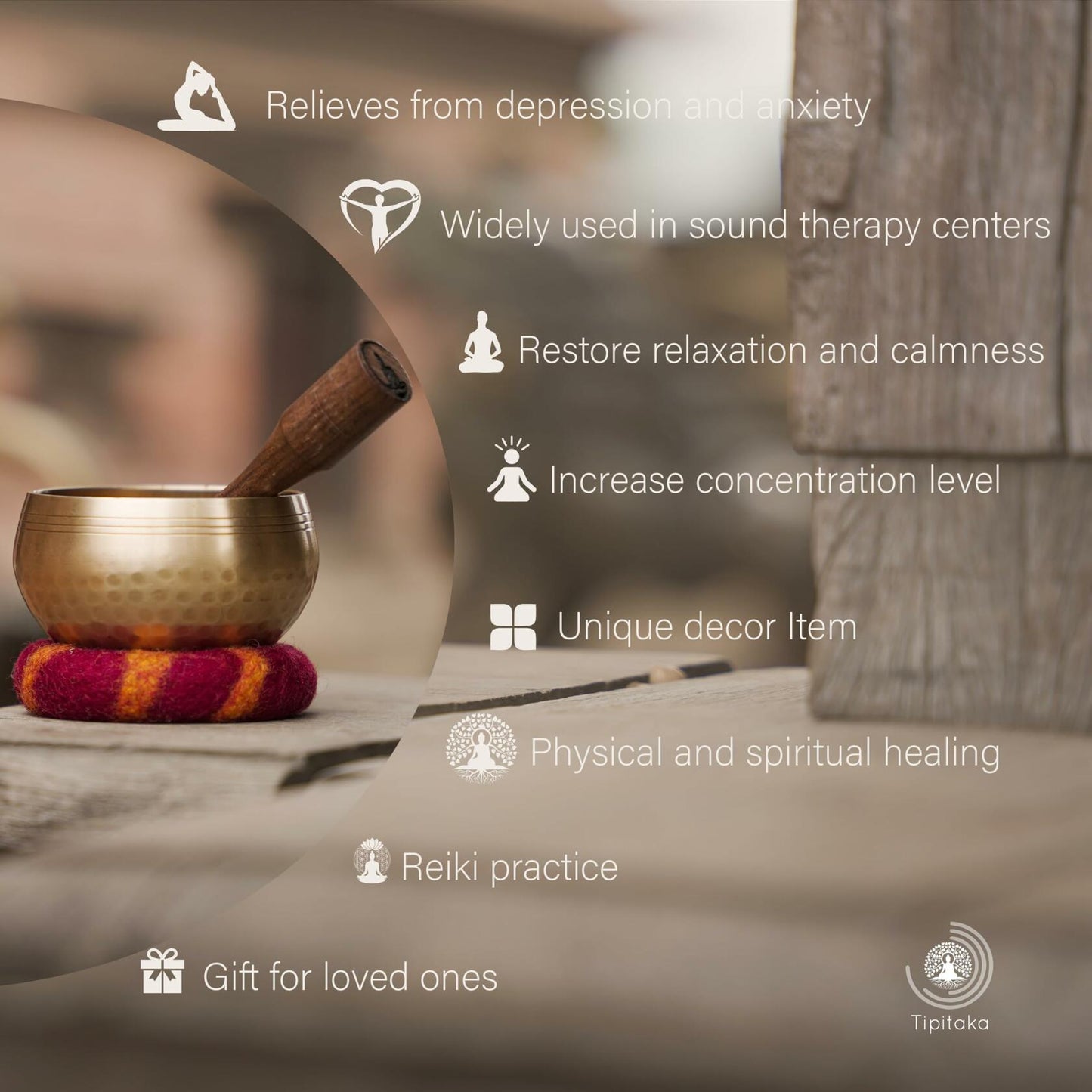 Tipitaka Tibetan Singing Bowl 4" Bronze Hand-Hammered Meditation Yoga Set