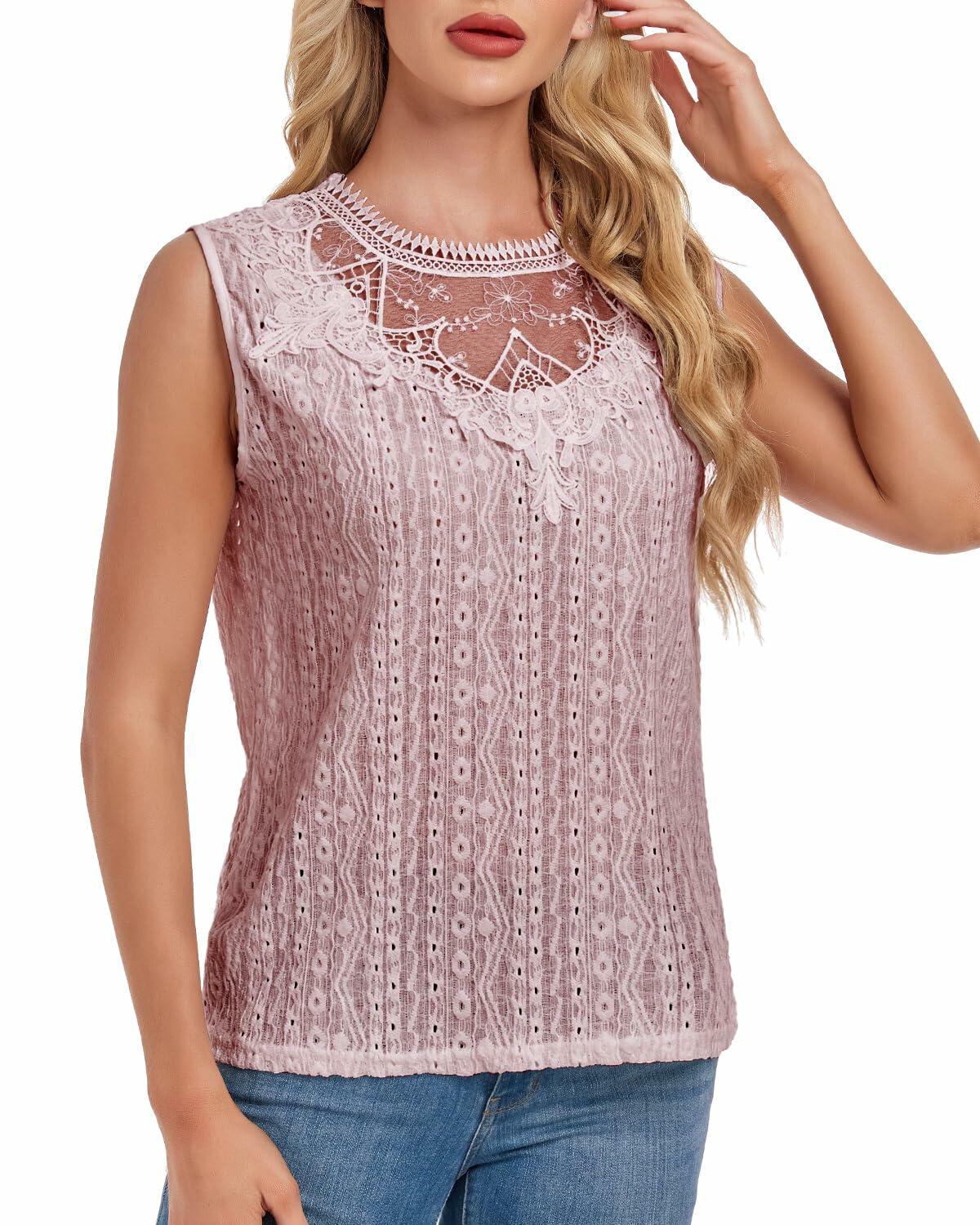 AGWISH Women’s Sleeveless Ruffle Lace Blouse Semi Sheer Floral Light Pink XL