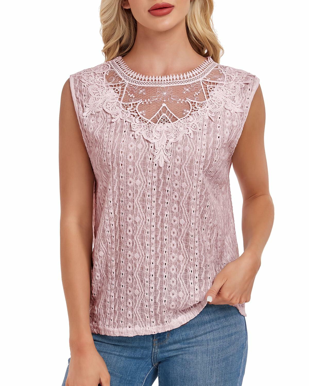 AGWISH Women’s Sleeveless Ruffle Lace Blouse Semi Sheer Floral Light Pink XL