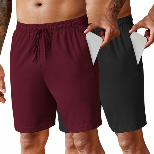 COOFANDY Men’s 7" Workout Gym Shorts 2-Pack Lightweight with Zipper Wine/Black