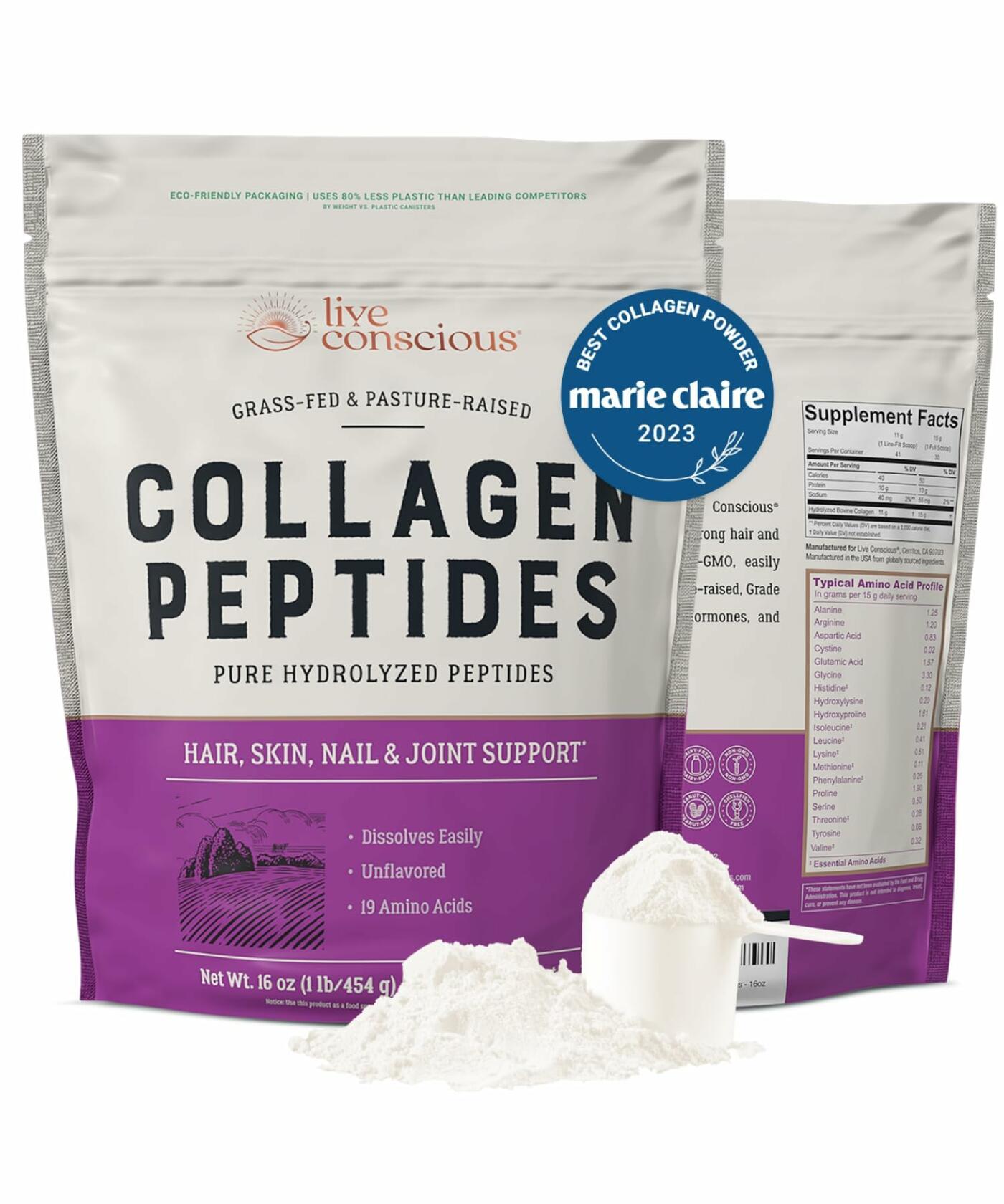 Live Conscious Collagen Peptides Powder 16oz 2-Pack Hair Skin Nail Joint Support