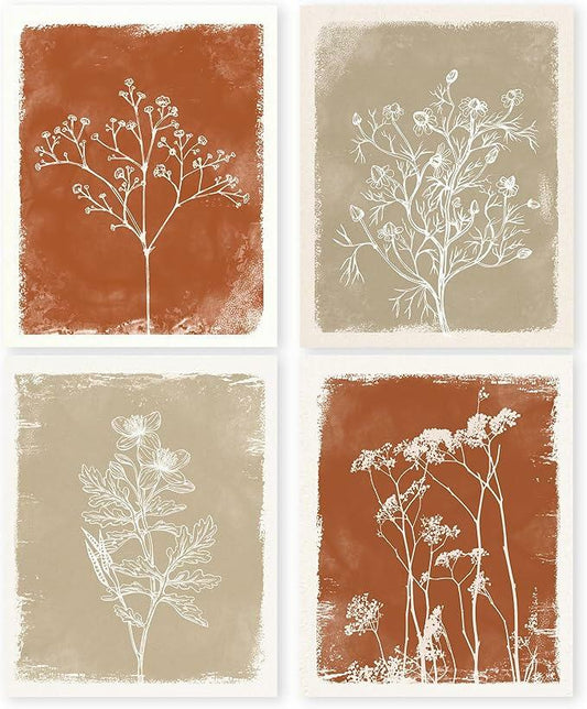 HRQKO Fall Botanical Wall Art 4-Print Set 8x10” Retro Floral Posters Orange