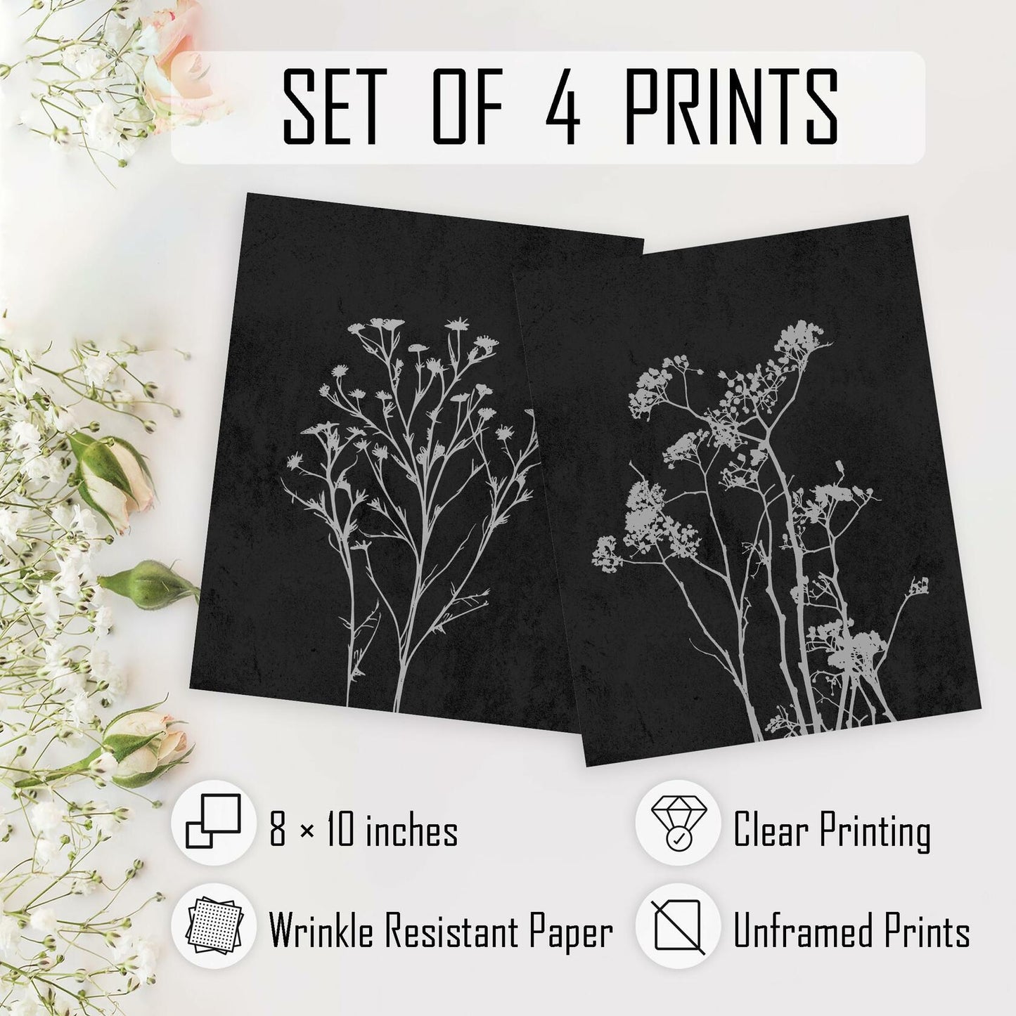 HRQKO Fall Botanical Wall Art 4-Print Set 8x10” Retro Floral Posters Orange