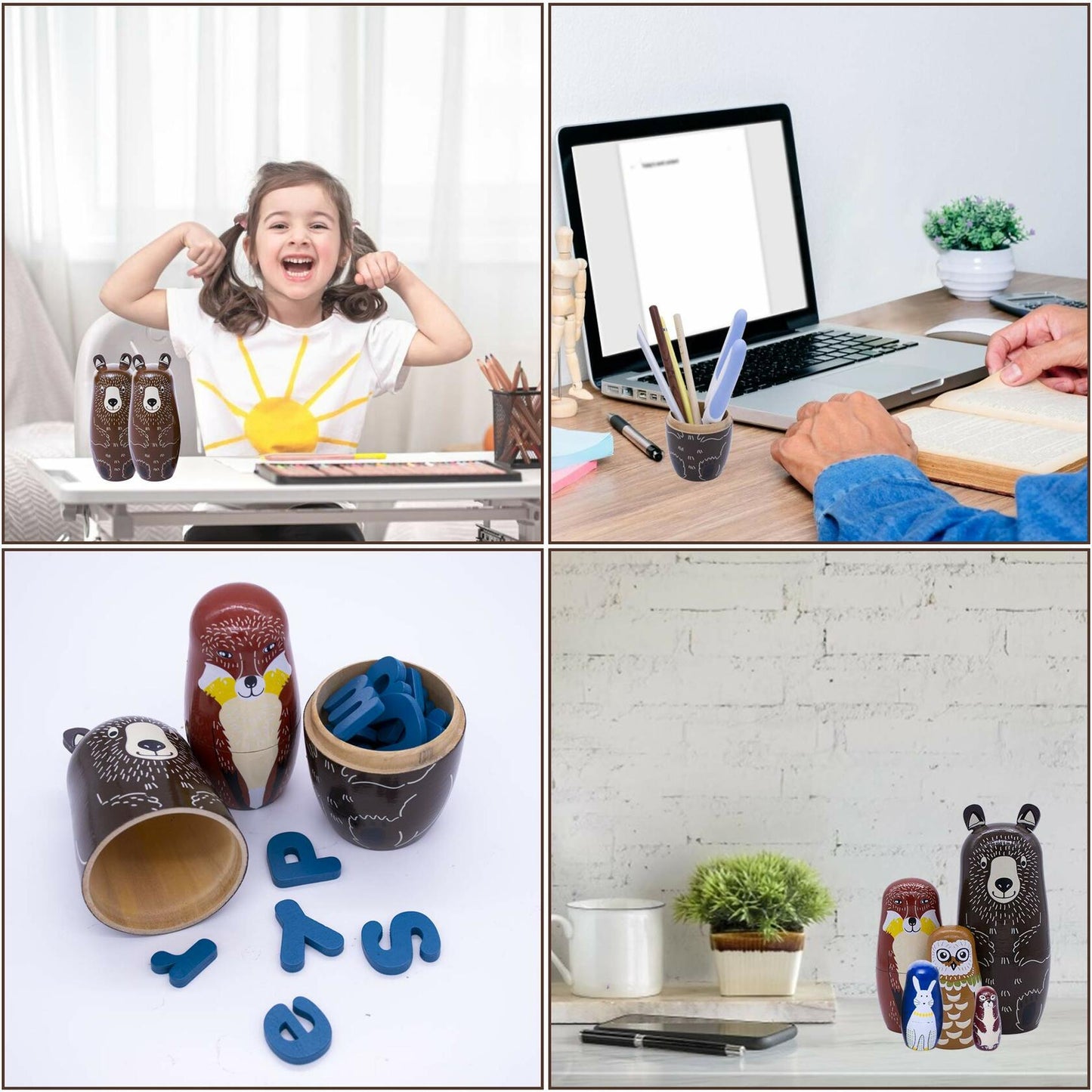 Conzy Russian Nesting Dolls 5pcs Wooden Matryoshka Animal Toy Gift Brown