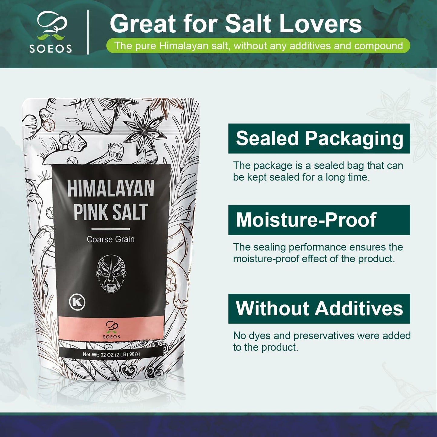 Soeos Himalayan Pink Salt Coarse 2lb 32oz Natural Kosher Sea Salt