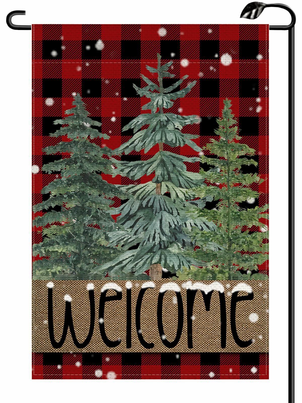 Christmas Tree Red Welcome Garden Flag 12x18” Double-Sided Winter Xmas Yard