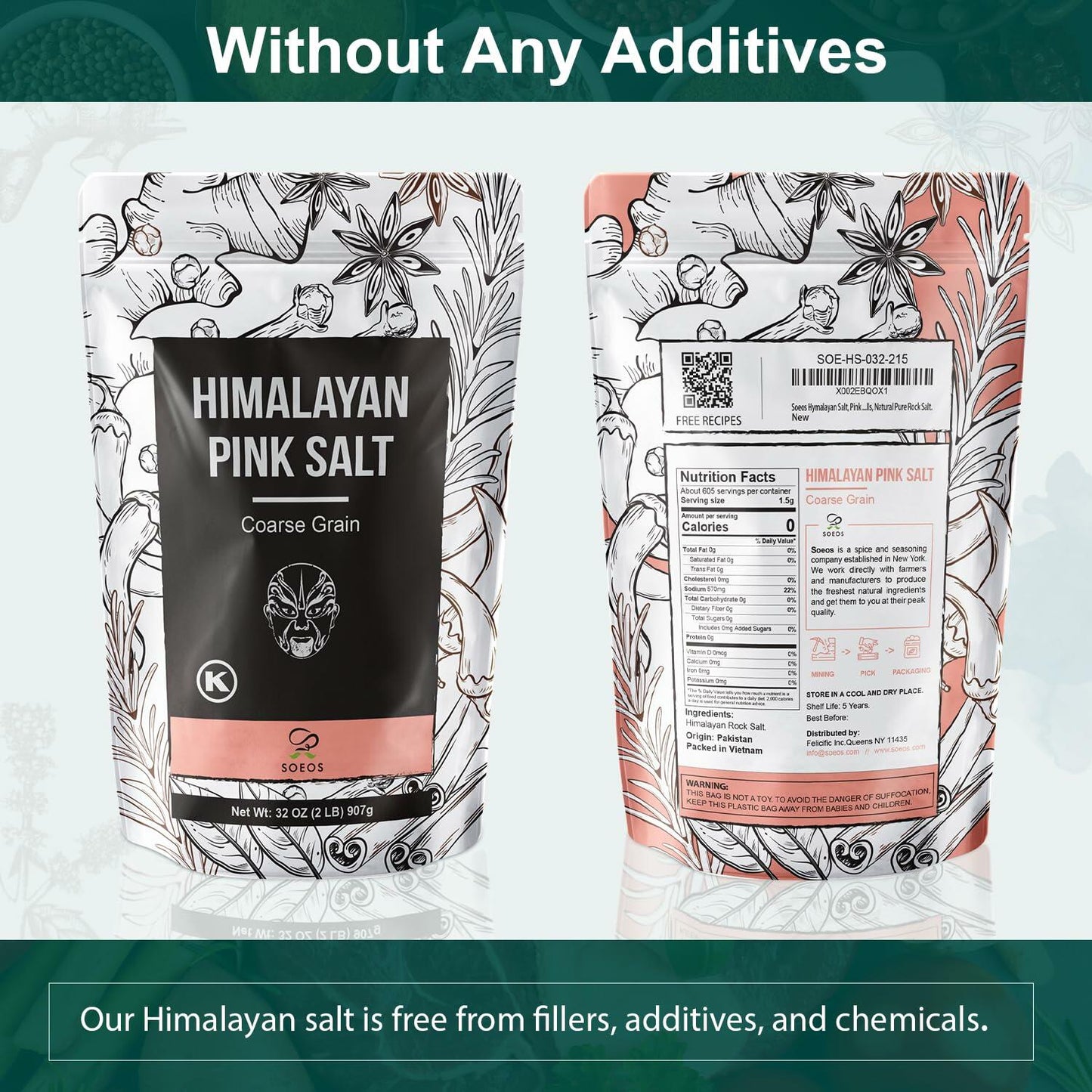 Soeos Himalayan Pink Salt Coarse 2lb 32oz Natural Kosher Sea Salt