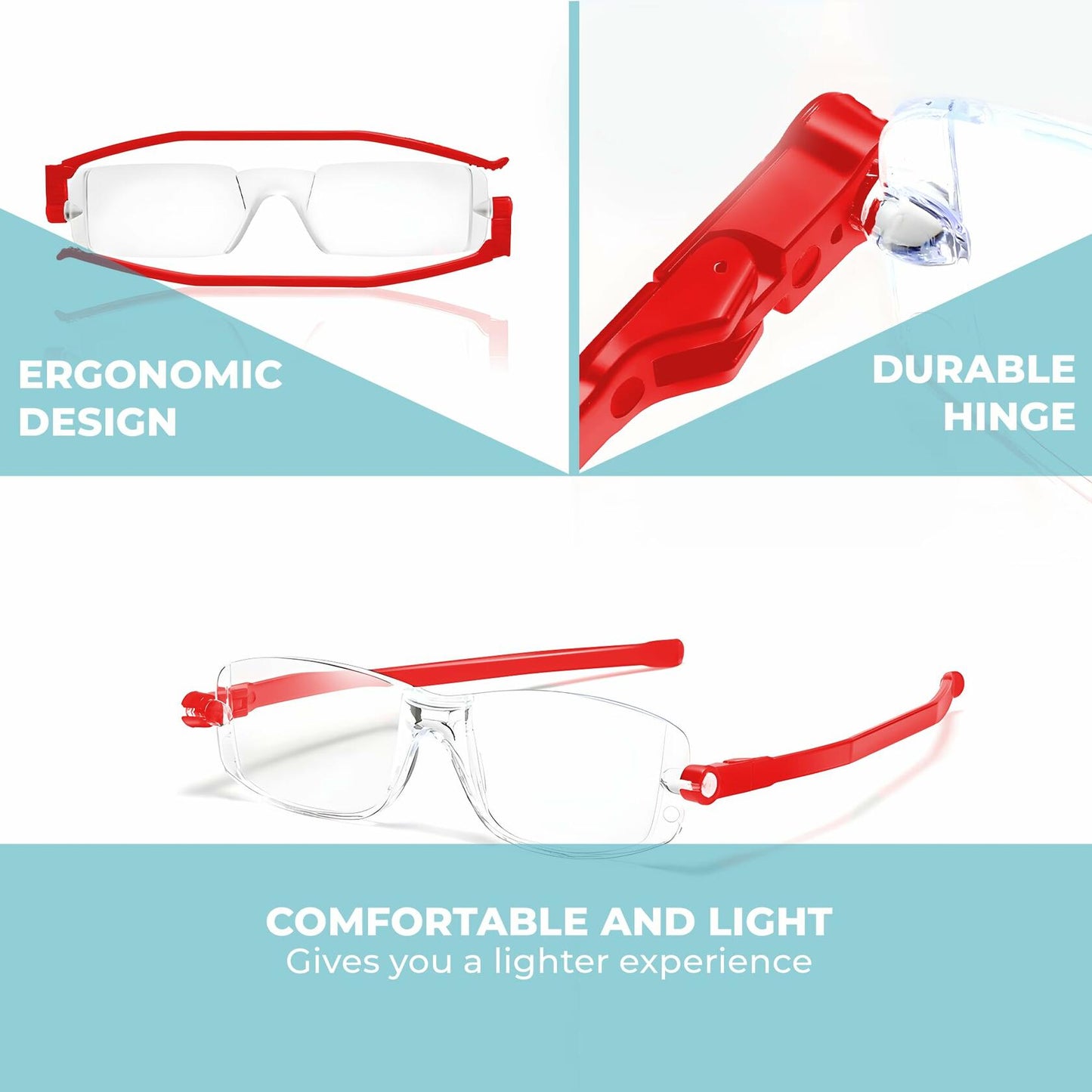 FOLDANDREADS Foldable Reading Glasses Blue Light Blocker for Women & Men Red