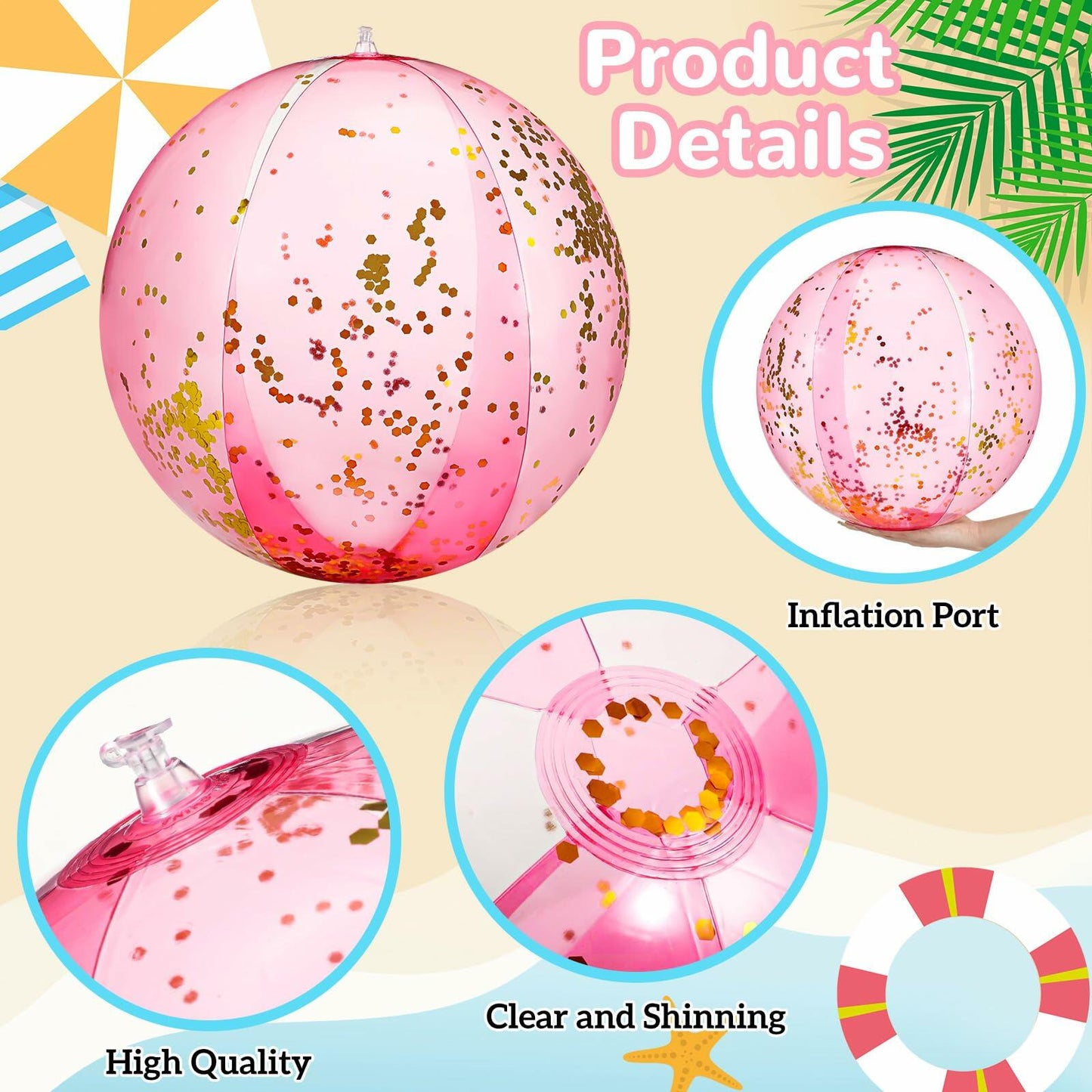 Chitidr 24pcs 16" Inflatable Glitter Beach Balls Bulk for Pool Party Pink/Blue