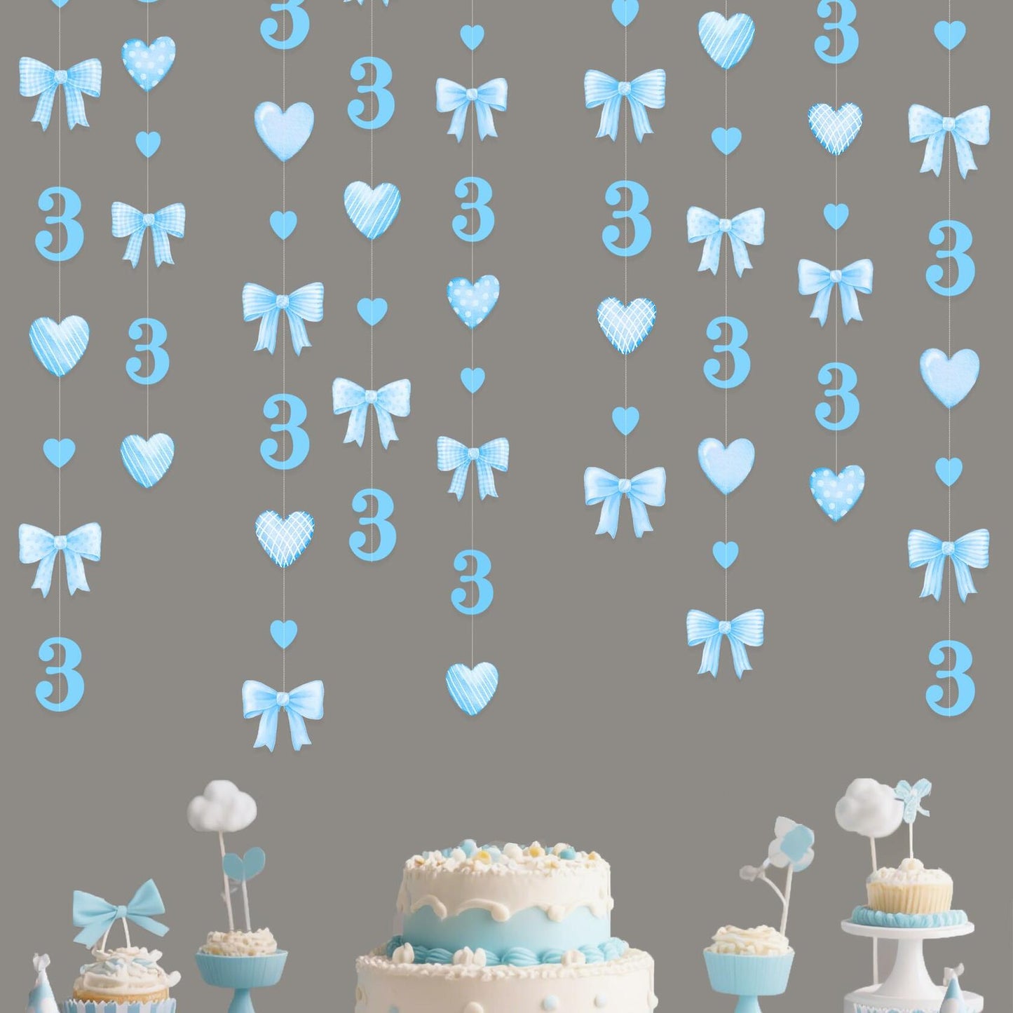 40Ft Blue 3rd Birthday Bow Garland Banner Heart Streamer Party Decor