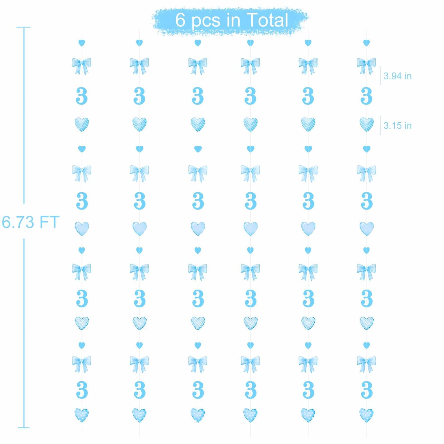 40Ft Blue 3rd Birthday Bow Garland Banner Heart Streamer Party Decor