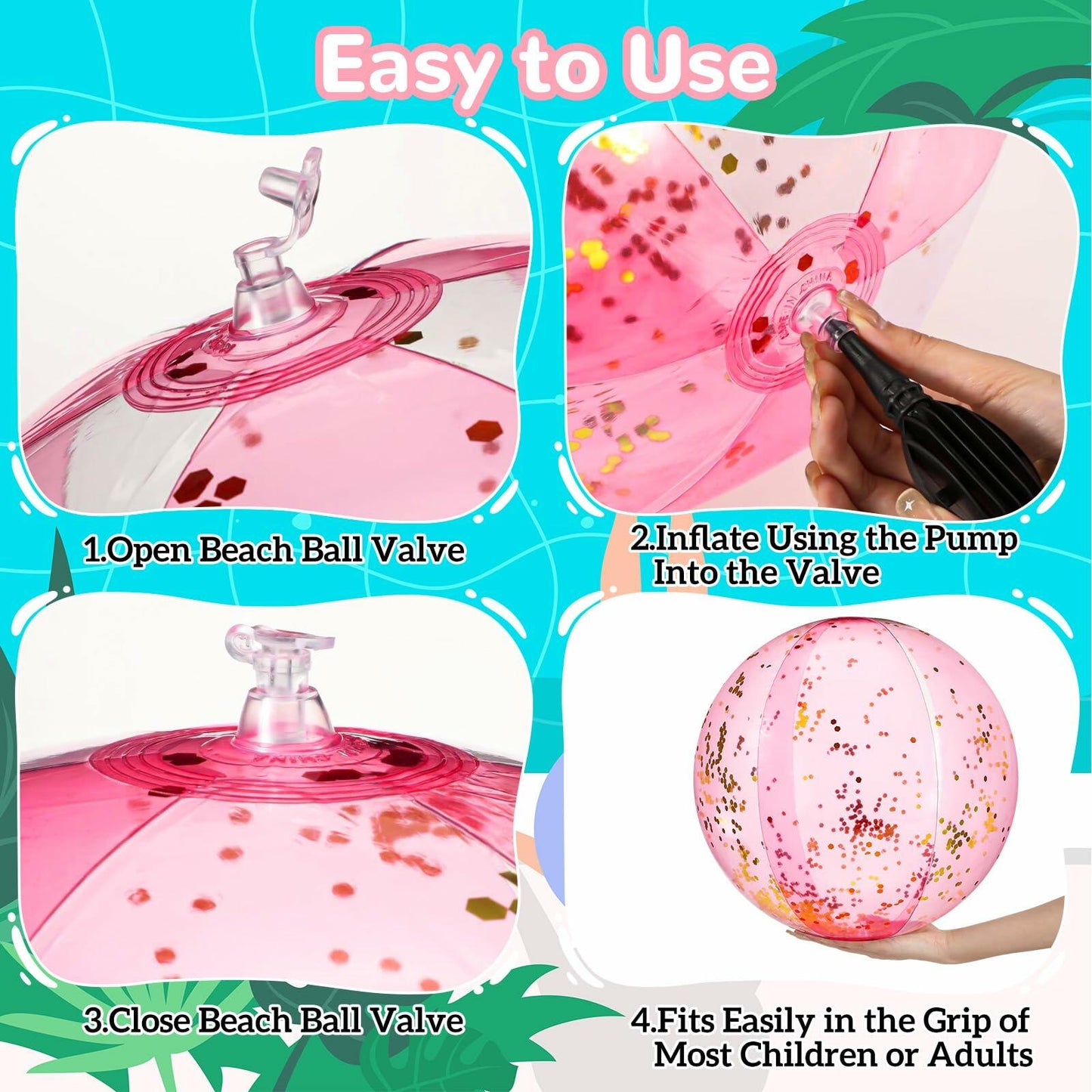 Chitidr 24pcs 16" Inflatable Glitter Beach Balls Bulk for Pool Party Pink/Blue