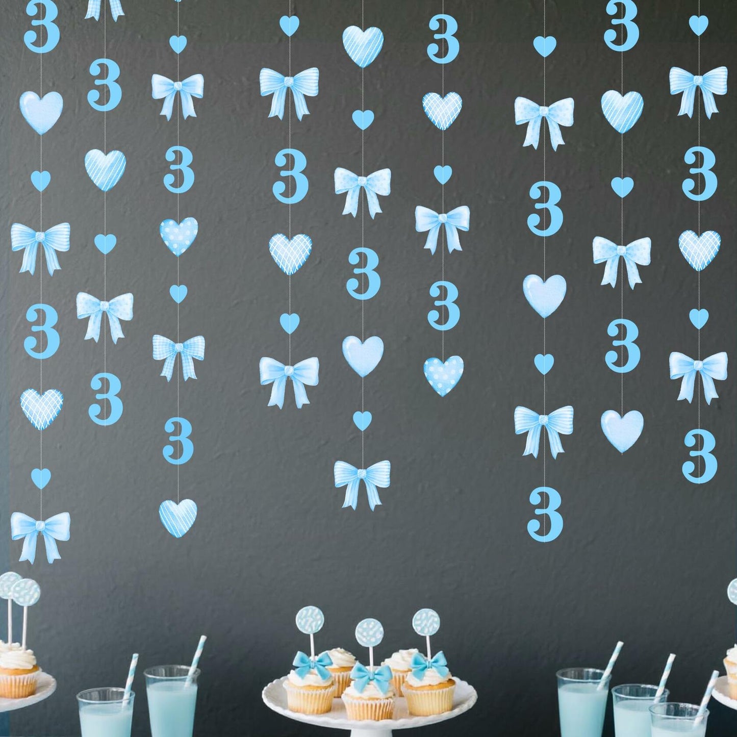 40Ft Blue 3rd Birthday Bow Garland Banner Heart Streamer Party Decor