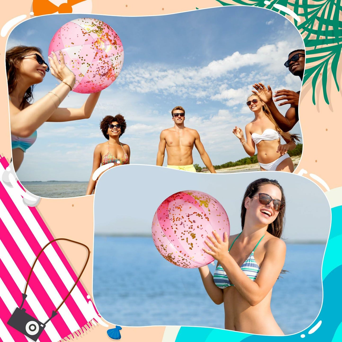 Chitidr 24pcs 16" Inflatable Glitter Beach Balls Bulk for Pool Party Pink/Blue