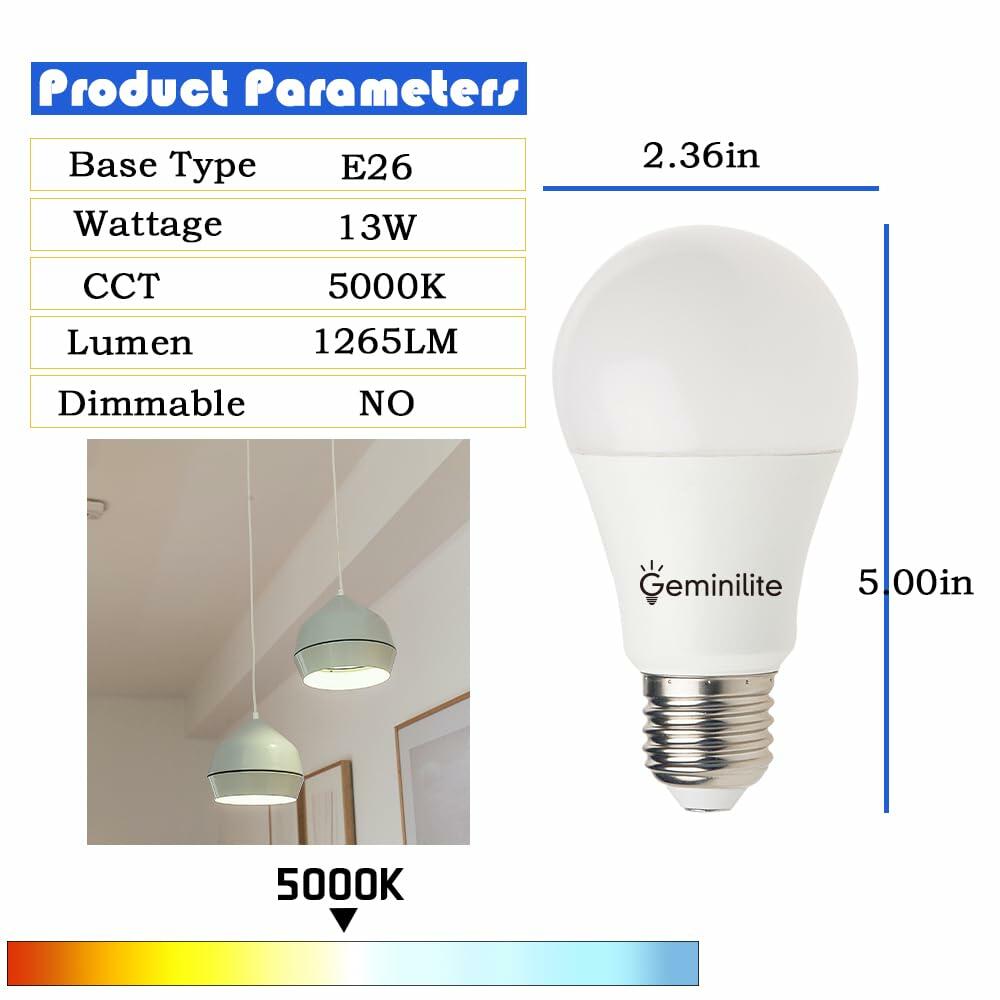 Geminilite 6-Pack 13W LED Light Bulbs 100W Equivalent Daylight 5000K E26
