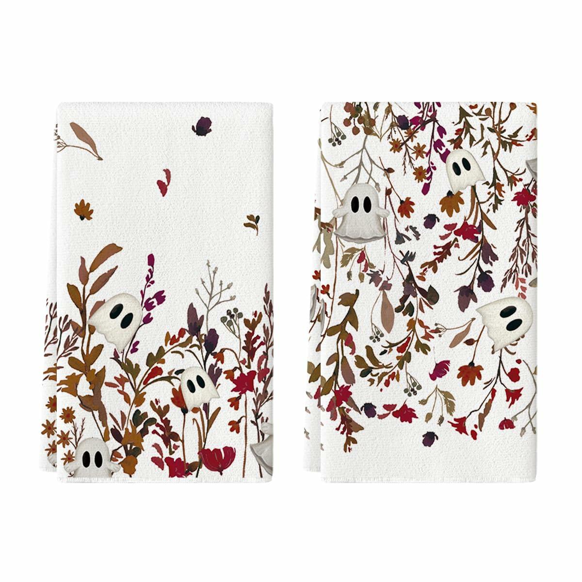 Artoid Mode Ghost Wildflower Halloween Kitchen Towels 18x26 Inch Set of 2 Beige