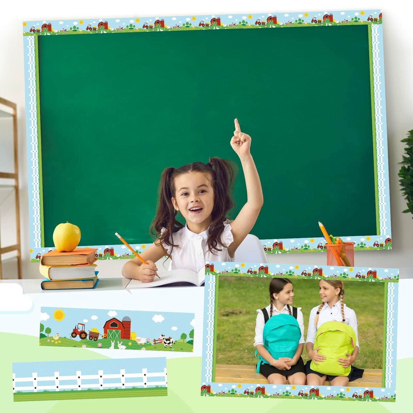 Eaasty 36 Pcs Farm Bulletin Board Border Animals Blue Green School Decor